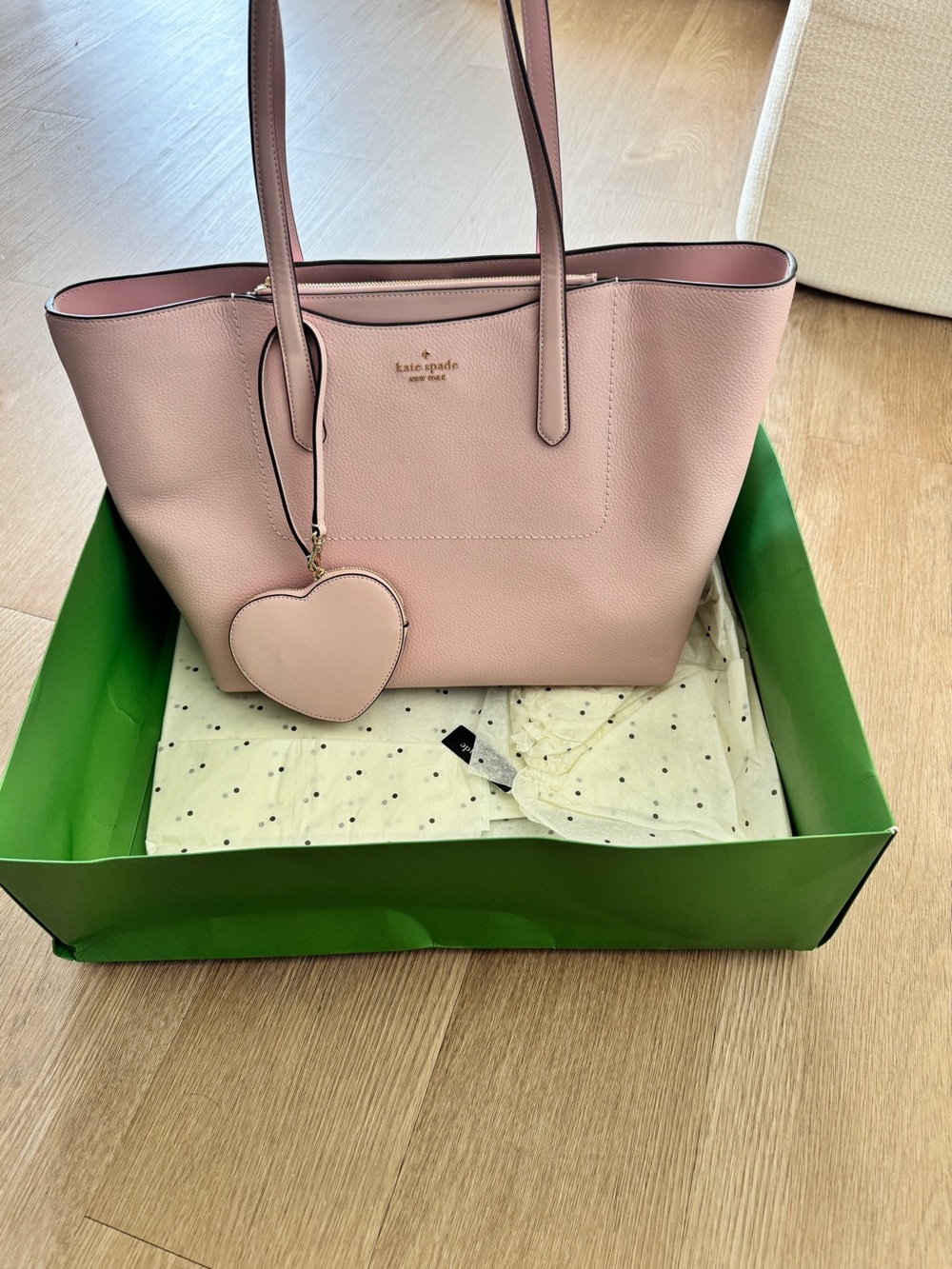 kate spade blush pink pebbled leather tote with heart charm